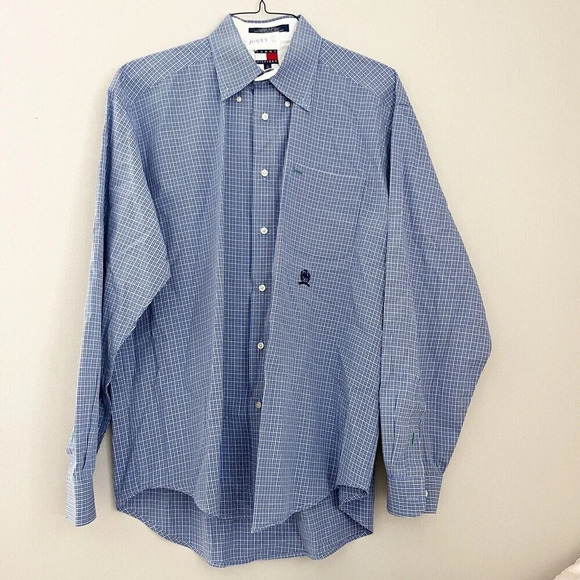 Tommy Hilfiger Mens Plaid Button Down Shirt Large Blue Long Sleeve Cotton Preppy - Picture 1 of 7